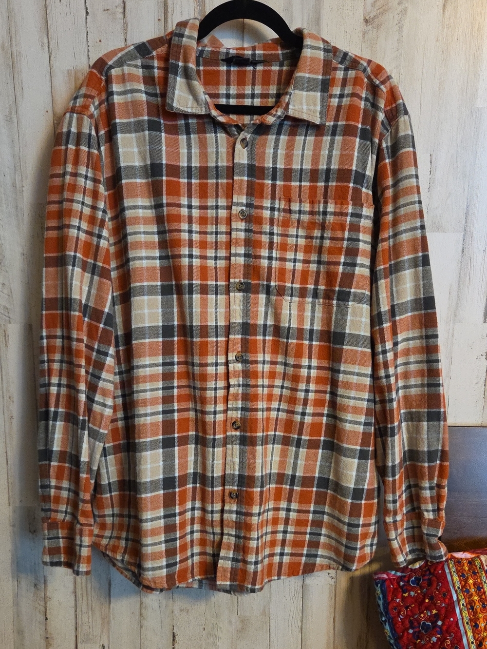 Eddie Bauer Casual Orange and Brown Plaid Button-Down Shirt